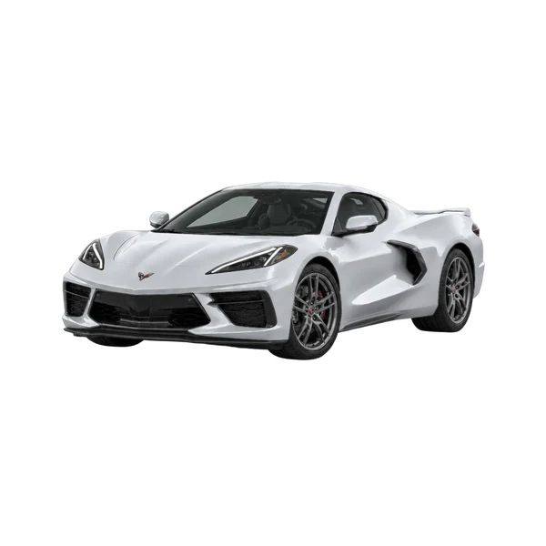 Chevrolet Corvette E-Ray 2025 en plateado, vista frontal tres cuartos (hacia la izquierda)