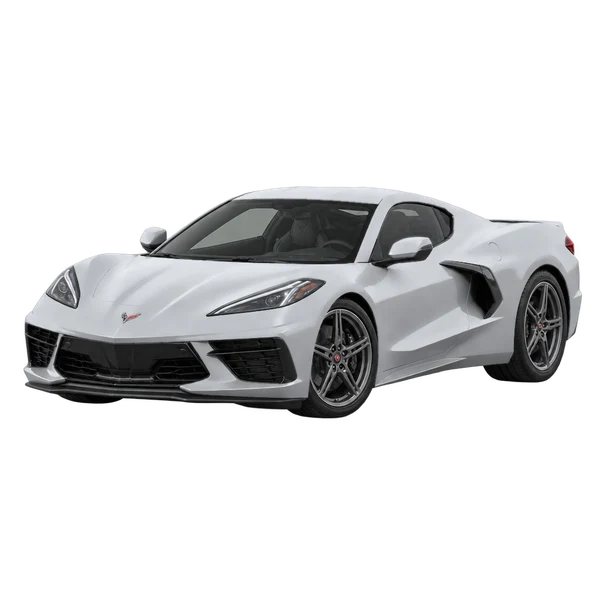 Chevrolet Corvette 2020 باللون فضي، منظر منظر أمامي بزاوية ثلاثة أرباع (متجه لليسار)