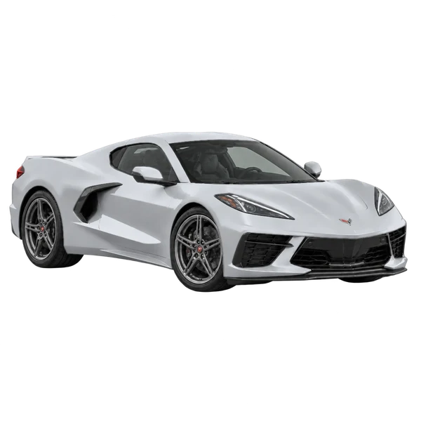 Chevrolet Corvette 2021 en plateado, vista tres cuartos frontal (mirando a la derecha)