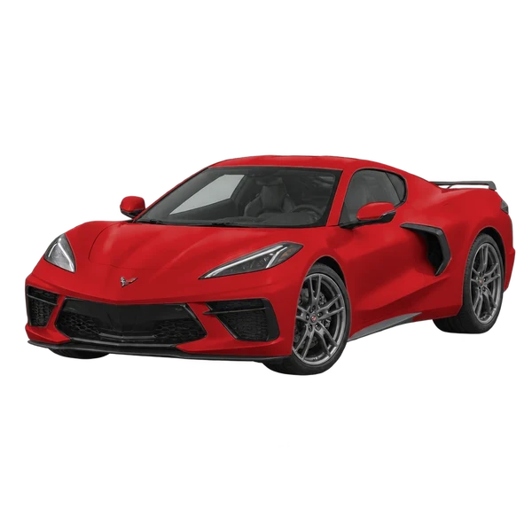 Chevrolet Corvette 2023 باللون أحمر، منظر منظر أمامي بزاوية ثلاثة أرباع (متجه لليسار)