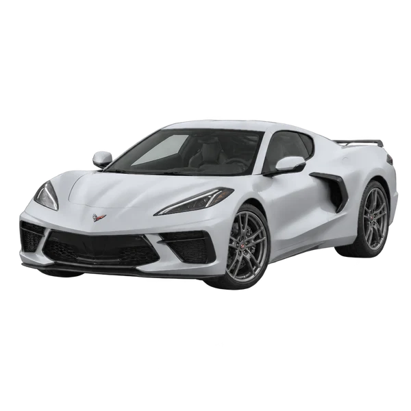 Chevrolet Corvette 2023 باللون فضي، منظر منظر أمامي بزاوية ثلاثة أرباع (متجه لليسار)