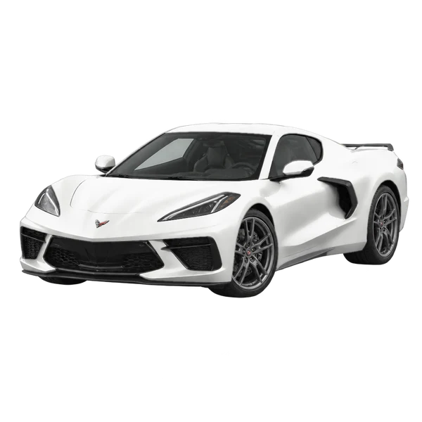 Chevrolet Corvette 2023 باللون أبيض، منظر منظر أمامي بزاوية ثلاثة أرباع (متجه لليسار)