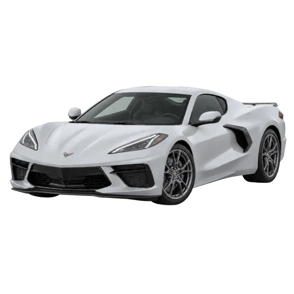 Chevrolet Corvette 2024 باللون فضي، منظر منظر أمامي بزاوية ثلاثة أرباع (متجه لليسار)