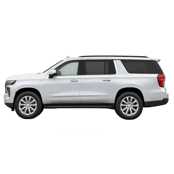 Chevrolet Suburban HD 2025 باللون فضي، منظر جانبي (متجه إلى اليسار)