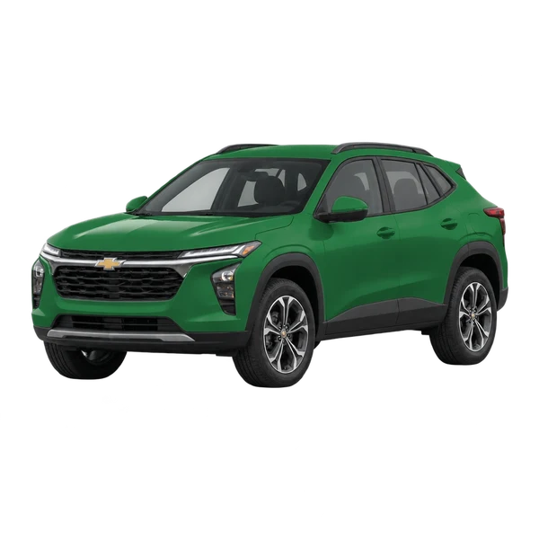 Chevrolet Trax 2025 باللون أخضر، منظر منظر أمامي بزاوية ثلاثة أرباع (متجه لليسار)