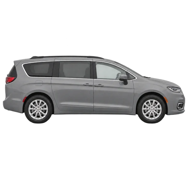 Chrysler Grand Caravan 2026 en plateado, vista lateral (hacia la derecha)