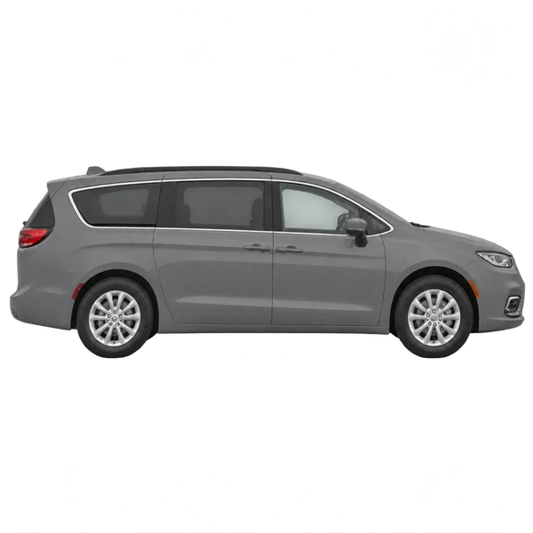 Chrysler Grand Caravan 2027 باللون رمادي، منظر منظر جانبي (باتجاه اليمين)