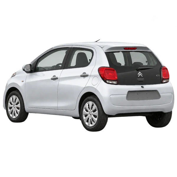 Citroën C1 2014 prata, vista três quartos traseira (voltada para a esquerda)