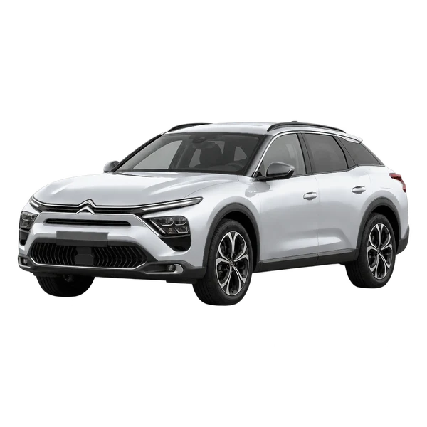 Citroën C5 X 2021 باللون فضي، منظر منظر أمامي بزاوية ثلاثة أرباع (متجه لليسار)