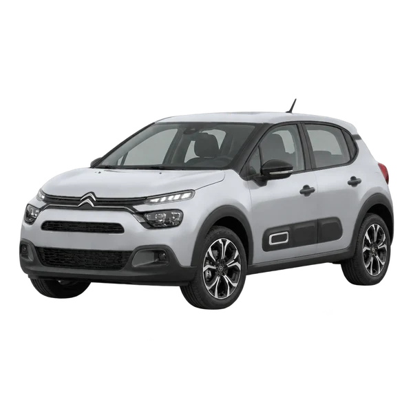 Citroën E-C3 2024 باللون فضي، منظر منظر أمامي بزاوية ثلاثة أرباع (متجه لليسار)