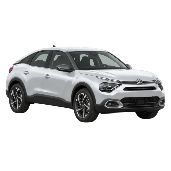 Citroën E-C4 2021 باللون فضي، منظر منظر أمامي بزاوية ثلاثة أرباع (متجه لليسار)