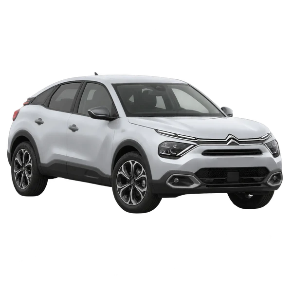 Citroën E-C4 2023 باللون فضي، منظر منظر أمامي بزاوية ثلاثة أرباع (متجه لليسار)