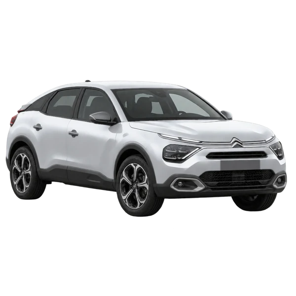 Citroën E-C4 2024 باللون فضي، منظر منظر أمامي بزاوية ثلاثة أرباع (متجه لليسار)