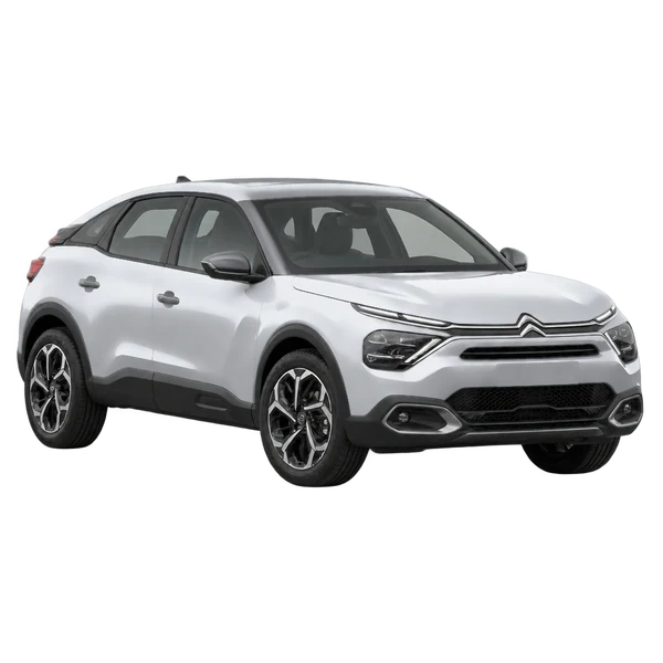 Citroën E-C4 2025 باللون فضي، منظر منظر أمامي بزاوية ثلاثة أرباع (متجه لليسار)