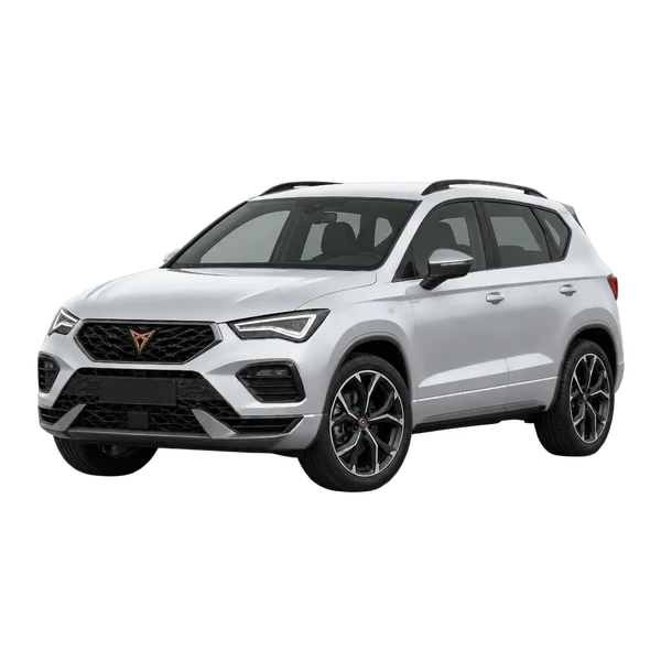 Cupra Ateca 2025 باللون فضي، منظر منظر أمامي بزاوية ثلاثة أرباع (متجه لليسار)