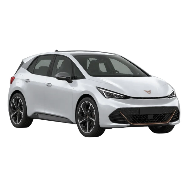 Cupra Born 2022 باللون فضي، منظر منظر أمامي بزاوية ثلاثة أرباع (متجه لليسار)