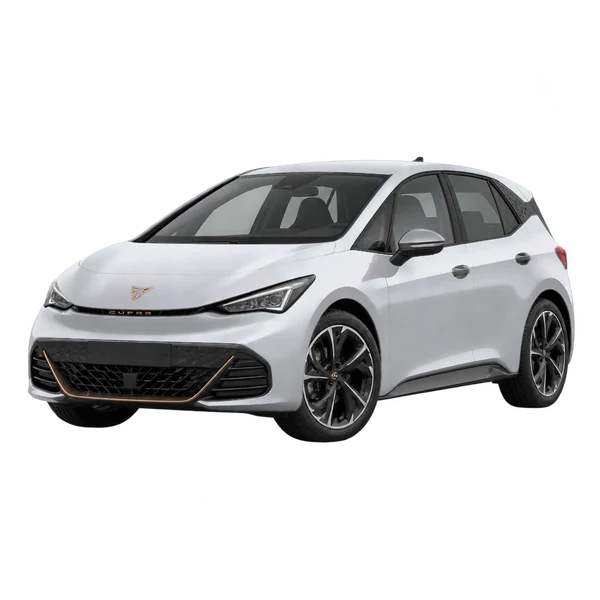 Cupra Born 2023 باللون فضي، منظر منظر أمامي بزاوية ثلاثة أرباع (متجه لليسار)