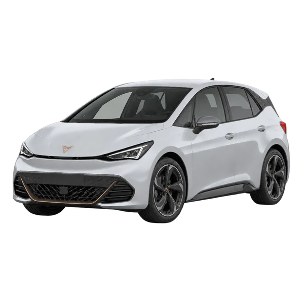 Cupra Born 2025 باللون فضي، منظر منظر أمامي بزاوية ثلاثة أرباع (متجه لليسار)