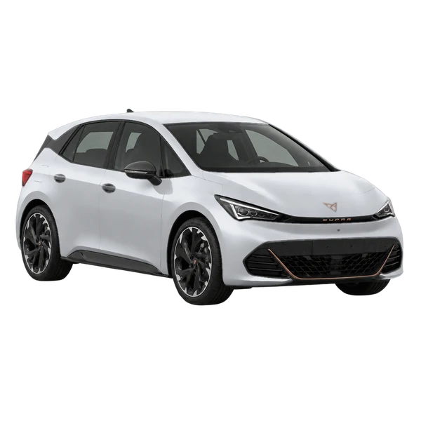 Cupra Born 2026 باللون فضي، منظر منظر أمامي بزاوية ثلاثة أرباع (متجه لليسار)