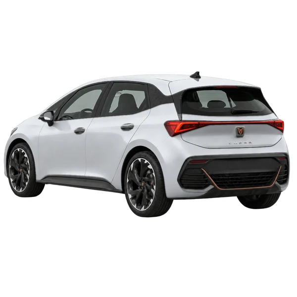 Cupra Born 2026 باللون فضي، منظر ثلاثة أرباع خلفي (باتجاه اليسار)