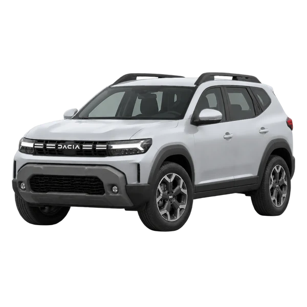 Dacia Duster 2024 باللون فضي، منظر منظر أمامي بزاوية ثلاثة أرباع (متجه لليسار)