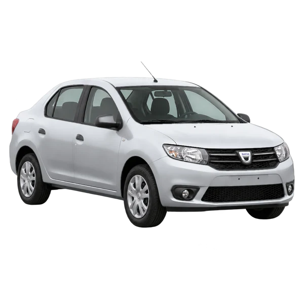 Dacia Logan 2014 باللون فضي، منظر منظر أمامي بزاوية ثلاثة أرباع (متجه لليسار)