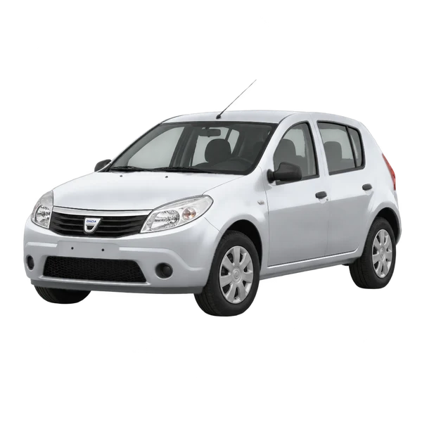 Dacia Sandero 2011 prata, vista dianteira em três quartos (voltada para a esquerda)