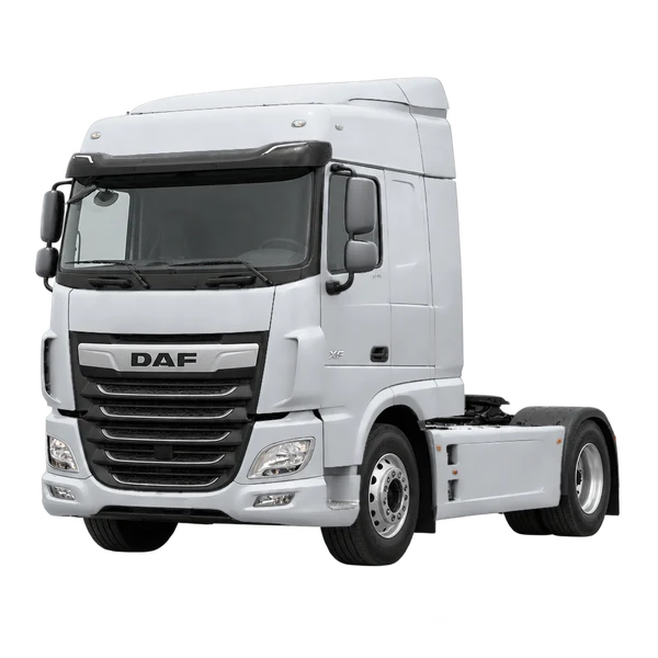 DAF XF 370 FA 2024 باللون فضي، منظر منظر أمامي بزاوية ثلاثة أرباع (متجه لليسار)