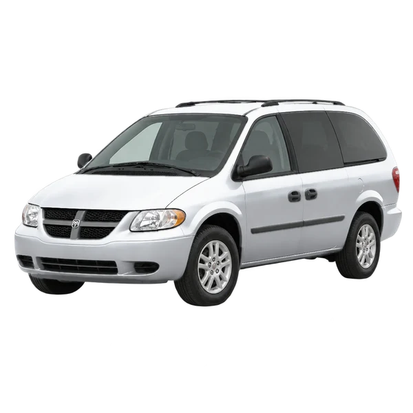 Dodge Caravan 2002 باللون فضي، منظر منظر أمامي بزاوية ثلاثة أرباع (متجه لليسار)