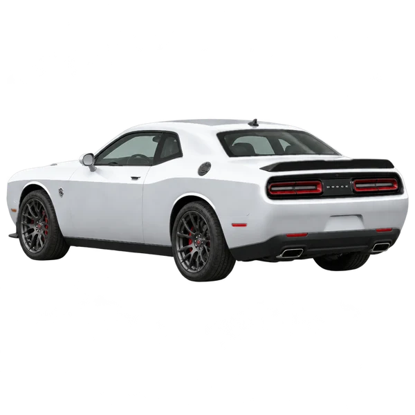 シルバーの2015 Dodge Challenger SRT Hellcat（リア斜め（左向き）ビュー）