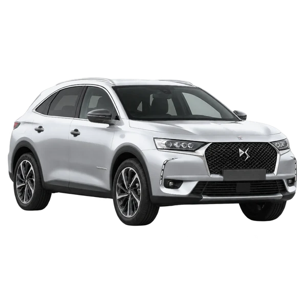 DS 7 Crossback 2019 باللون فضي، منظر منظر أمامي بزاوية ثلاثة أرباع (متجه لليسار)