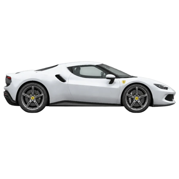 Ferrari 296 GTB 2024 en plateado, vista lateral (hacia la derecha)