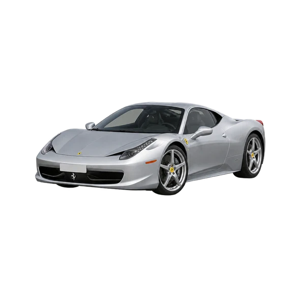 Ferrari 458 2010 باللون فضي، منظر منظر أمامي بزاوية ثلاثة أرباع (متجه لليسار)