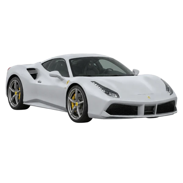 Ferrari 488 2026 en plateado, vista frontal tres cuartos (hacia la izquierda)