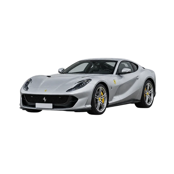 Ferrari 812 2020 باللون فضي، منظر منظر أمامي بزاوية ثلاثة أرباع (متجه لليسار)