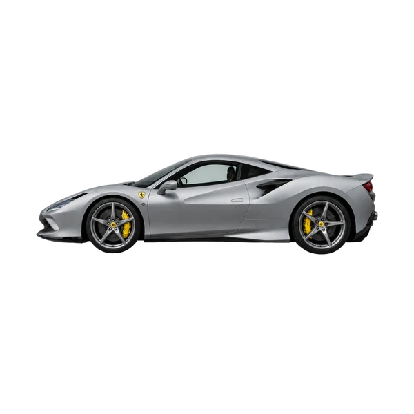 Ferrari F8 Tributo 2023 prata, vista lateral (voltada para a esquerda)