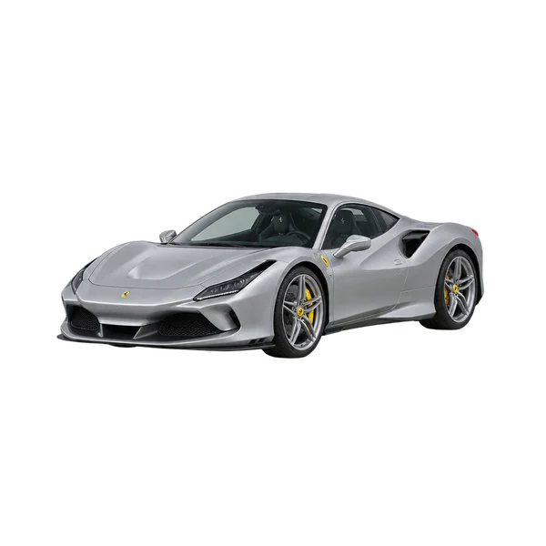 Ferrari F8 2022 باللون فضي، منظر منظر أمامي بزاوية ثلاثة أرباع (متجه لليسار)