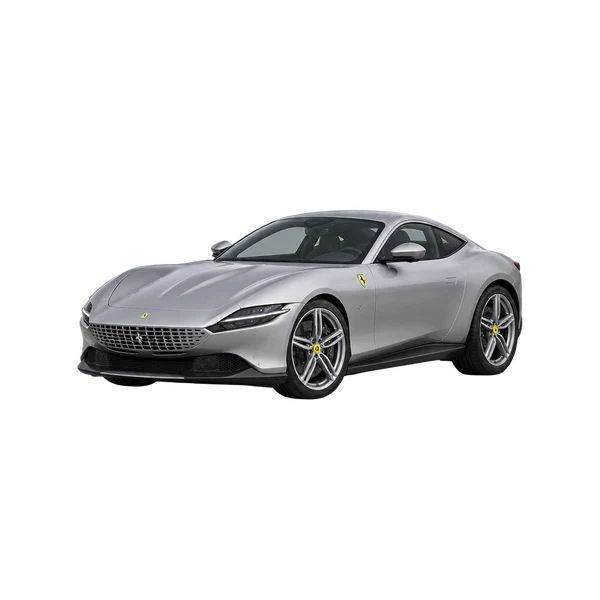 Ferrari Roma 2021 prata, vista dianteira em três quartos (voltada para a esquerda)