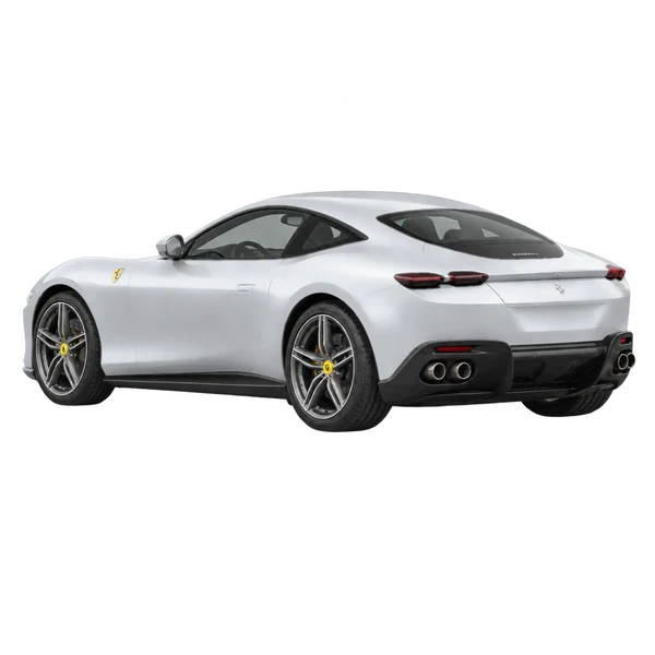 シルバーの2021 Ferrari Roma（リア斜め（左向き）ビュー）