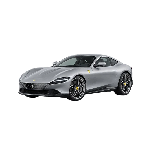 Ferrari Roma 2024 prata, vista dianteira em três quartos (voltada para a esquerda)