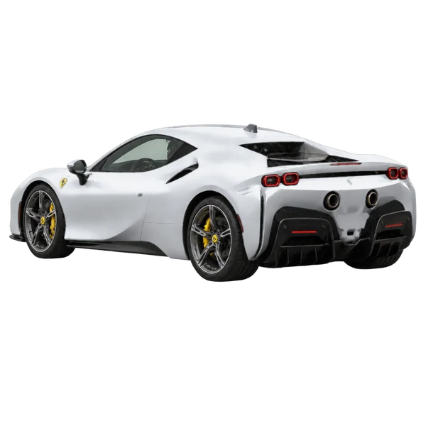 シルバーの2021 Ferrari SF90(リア斜め(左向き)ビュー)