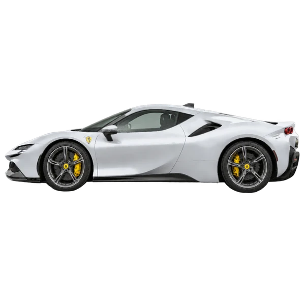 Ferrari SF90 2023 argent, vue côté (vers la gauche)