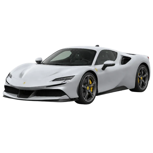 Ferrari SF90 2024 en plateado, vista frontal tres cuartos (hacia la izquierda)