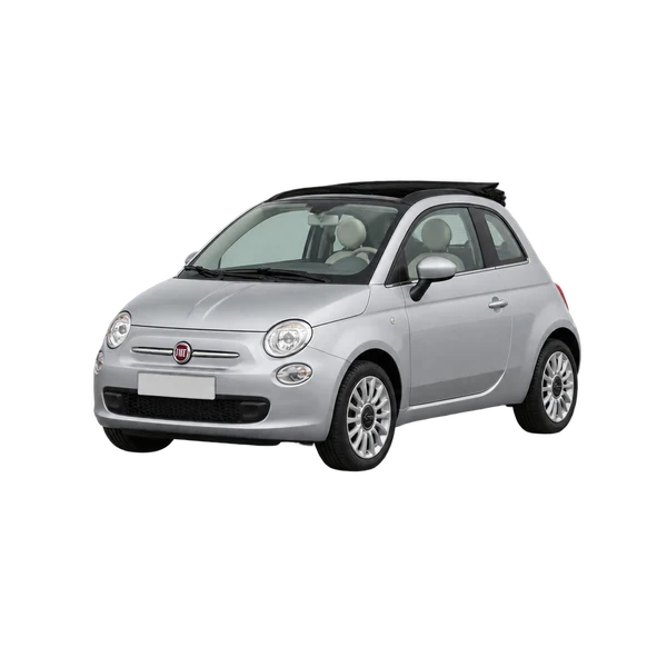 Fiat 500C 2010 باللون فضي، منظر منظر أمامي بزاوية ثلاثة أرباع (متجه لليسار)