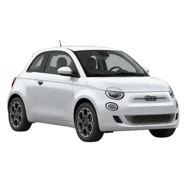 Fiat 500e 2019 prata, vista dianteira em três quartos (voltada para a esquerda)