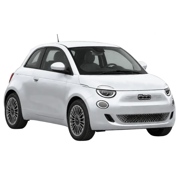 Fiat 500e 2023 prata, vista dianteira em três quartos (voltada para a esquerda)
