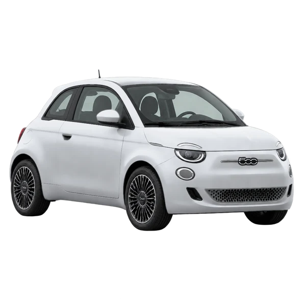 2025 Fiat 500e in Silber, Ansicht: Dreiviertelansicht vorne (nach links gerichtet)