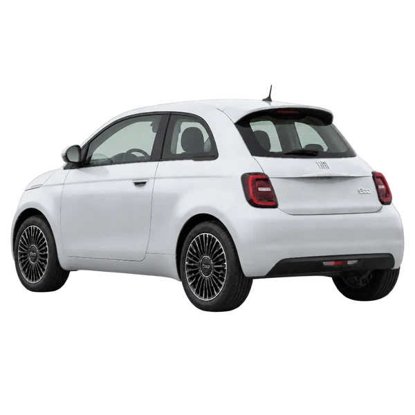 Fiat 500e 2026 prata, vista três quartos traseira (voltada para a esquerda)
