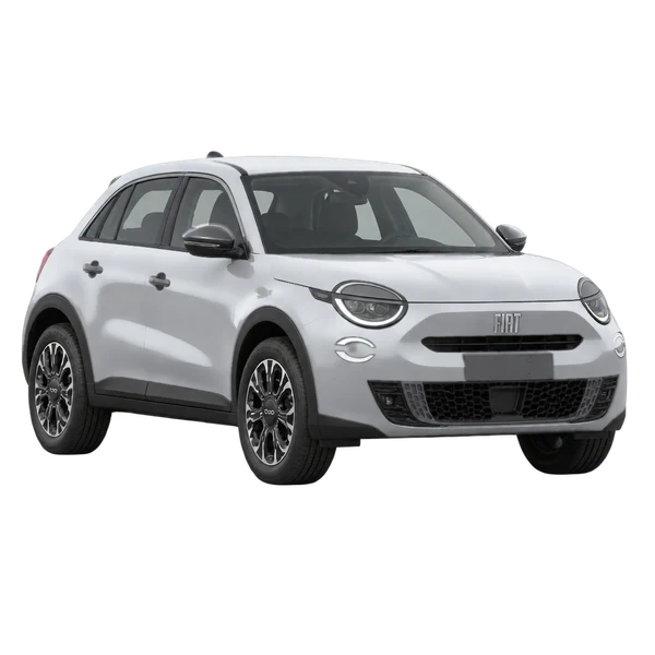 2023 Fiat 600 in Silber, Ansicht: Dreiviertelansicht vorne (nach links gerichtet)