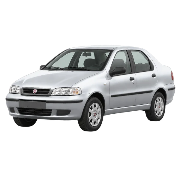 Fiat Siena 2001 باللون فضي، منظر منظر أمامي بزاوية ثلاثة أرباع (متجه لليسار)
